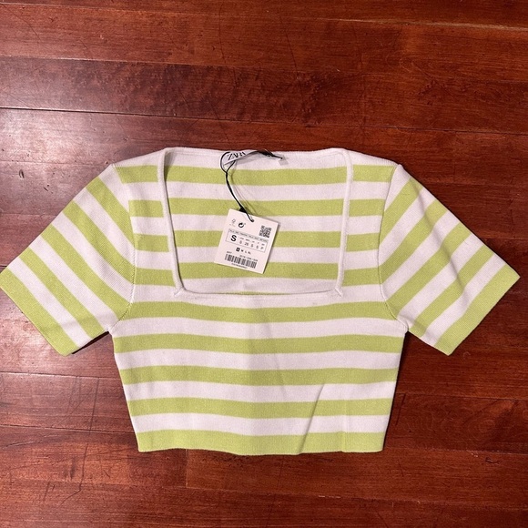 NWT Zara SMALL cropped square-neck green white stripes sweater - Picture 7 of 8